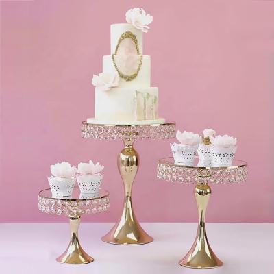 China Disposable Crystal Gold Decorating Beaded Cake Stand Holder For Wedding Party Celebrational Cupcake Dessert Display Metal Set Centerpiece for sale