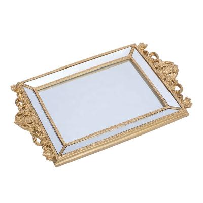 China Luxury Gold Mirror Vanity Tray with Handles Jewelry Display Resin Serving Tray Luxury Decorative Wedding Dessert Table Centerpiece for sale