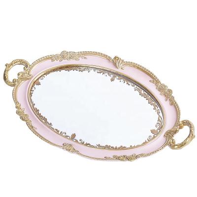 China Gold Luxury Round Mirror Oval Glass Metal Serving Tray with Handles Rectangle Jewelry Vanity Fruit Tray Set Cosmetic Wedding Decoration for sale