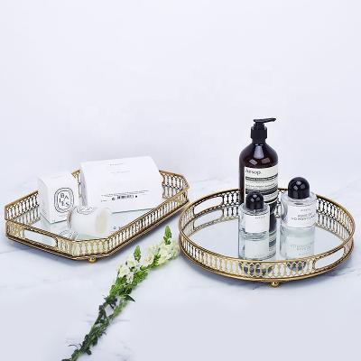 China Luxury Decorative Mirror Serving Tray Home Decor Copper Metal Jewelry Vanity Glass Serving Tray Glass Perfume Candle Luxury for sale