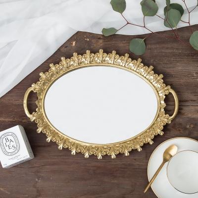 China Luxury Decorative Cosmetics Round Gold Glass Perfume Mirrored Jewelry Serving Tray with Handle Gift Jewelry Vanity Tray for Wedding for sale