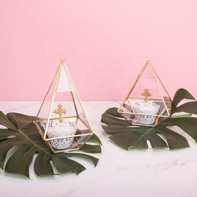 China Glass rose geometric transparent clear glass metal glass storage trinket box gold and brass hexagon pyramid mini greenhouse jewelry box for sale