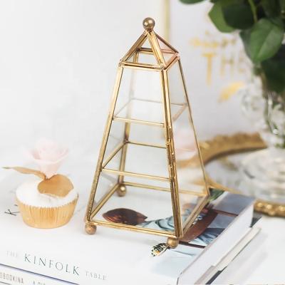 China Elegant& Northern Europe Rose Geometric Brass Trinket Box Mini Greenhouse Hexagon Ring Decorative Glass Box Mini Greenhouse Pyramid Jewelry Box Gold And Copper Glass for sale