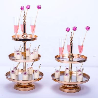 China Disposable Round Gold Metal Stainless Steel Mirror 2 Tier 3 Tier Hanging Cupcake Cake Stand Multilayer Wedding Places Decorate Tray for sale