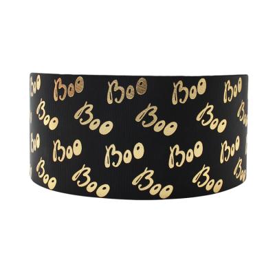 China Custom Viable Wholesale Fashion 3 Inch Gold Foil Print Grosgrain Ribbon 75mm Halloween Theme Pattern Garment Accessories Viable for sale