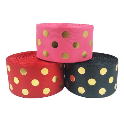 China Wholesale Customized Ribbons Viable 3 Inch By 75mm Printed Gold Foil Polka Dots Grosgrain Ribbon For Craft for sale