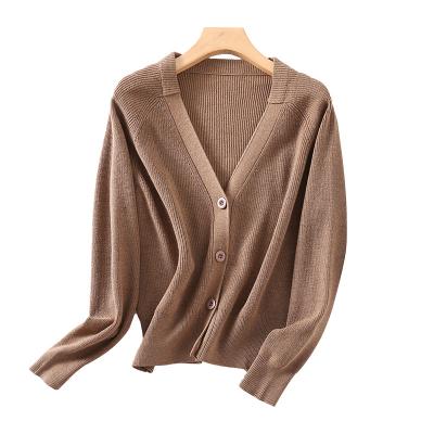 China Anti-wrinkle v-neck women sweater mulberry silk knitted cashmere blended coat for autumn for sale