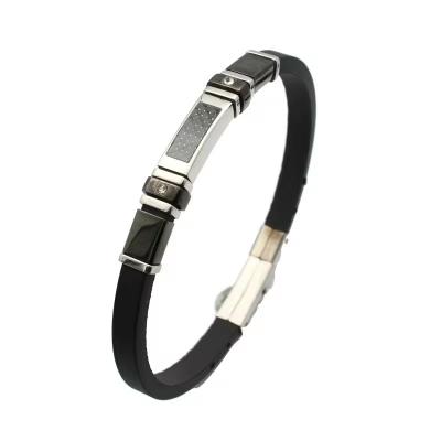 中国 Stainless Steel Soft Rubber Bracelet with Carbon Fiber Plate Punk Style White Setting CZ Silicone Luxury Men's Jewelry 販売のため