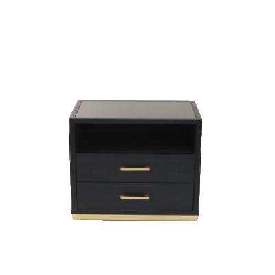 China Other Factory Arts Home Bedroom Furniture Modern Ball Gold Glass Top Grain Two Drawer PU Nightstand Black Leather Nightstand for sale