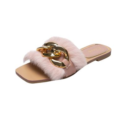 China First Layer Whip XMFJ 2021Fashionable Chain Hairy Flat Sandals Female Slippers With Embossing Gilt Edge for sale