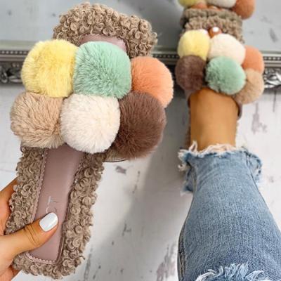 China Fashion Trend Winter Women Slippers Faux Fur Slides For Women Fluffy Slippers House Female Fur Pom Pon Furry Slides Shoes Woman Slippers for sale