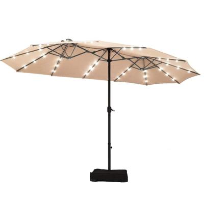 China Hot Selling Outdoor Patio Garden Umbrella Modern Best Quality Oval 450*260cm Double Umbrella With LED Solar Light For Business for sale