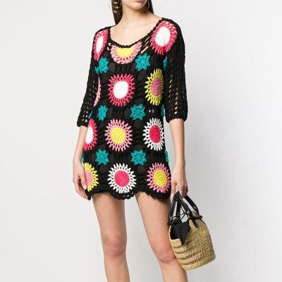 China Washable Popular Multicolor Cotton Round Neck Short Sleeve Crochet Knit Dress for sale