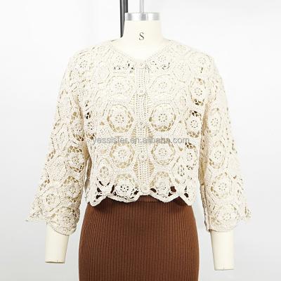 China Anti-wrinkle Women Crochet Clothing Lace Hollow Out Long Sleeve Vintage Cardigan Sweater for sale