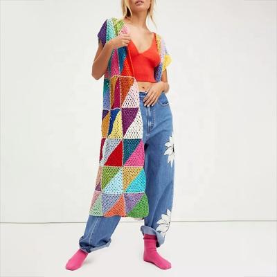 China Anti-UV Colorful Geometric Pattern Color Block Knit Patchwork Cardigan for sale