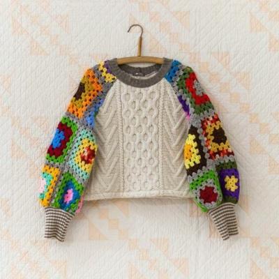 China Crochet Colorful Square Anti-wrinkle Chunky Hand Bubble Sleeve Pullover Knitting Sweater for sale