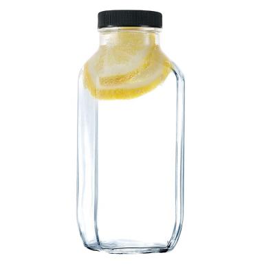 China Bar Hotel Restaurant Wholesale 250ml 350ml 500ml Home Square Clear Glass Bottles With Plastic Cap For Fresh Cold Pressed Juice for sale