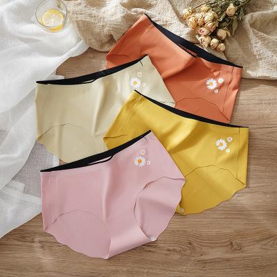 China Hot Sale Antibacterial Ladies Daisies Printing Seamless One Piece Ice Silk Mid-waist Women Comfortable Panties for sale