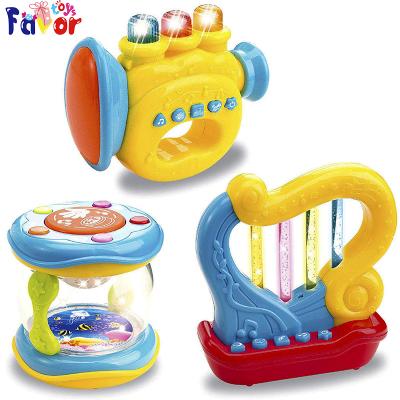 China Toy Wholesale Set Of 3 Battery Operated Trumpet, Drum And Harp Music Toys With Drums, Musical Instruments For Baby Learning And Entertainment for sale