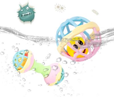 China Cute Eco-friendly Plastic Dumbbell ABS Silicon Ring Tone Spin Ball Rattle Sets Infant Gift Toys Baby Teether for sale