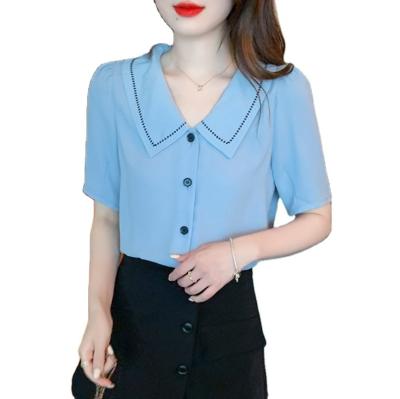 China French white short-sleeved professional shirt female doll collar 2022 thin temperament OL summer new anti-pilling chiffon shirts for sale