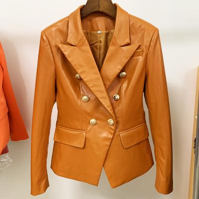 China Newest Fashion Style Women Windproof Designer 2022 Lion Buttons Synthetic Leather Blazer Double Breasted Jacket IN-STOCK Brown for sale