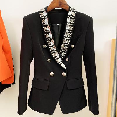 China Newest 2022 IN-STOCK Jacket Women Fashion Designer Breathable Rhinestones Beading Double Breasted Shawl Collar Blazer for sale