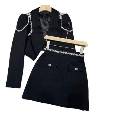 China 2022 Newest Designer Women's HIGH STREET Blazer Short Skirt Suit Runway Suit Set Rhinestone Breathable Chain Diamonds for sale