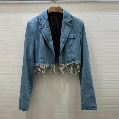 China 2022 Newest Breathable Women High Street Designer Runway Suit Set Rhinestone Diamonds Beaded Chains Crop Straight Denim Jacket Jeans Set for sale