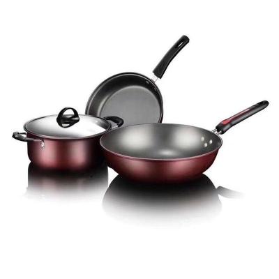 China Selling Viable Hot Stick Pan Set Pots Non and Pans Three Piece Cookware Set Frying Pan Soup Pot Gift Pot Red Handle for sale