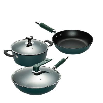 China Household Viable Non-Stick Three-Piece Suit Wok Frying Universal Pan Soup Pot Gas Cookers Induction Cooker Green Saucepan Set for sale