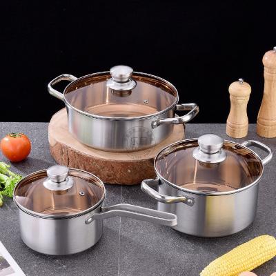 China Sustainable New Cookware Set Stainless Steel 6-Piece Kitchen Cooking Pot Pan Sets Induction Saucepan Casserole With Tempered Glass Lid for sale