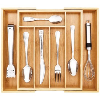 China Expanding Bamboo or Custom Kitchen Silverware Organizer Utensil Holder and Bamboo Cutlery Tray with Grooved Drawer Dividers for sale