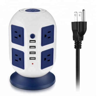 China Overload protection power strip surge protector, strip tower 8 outlets 4USB ports (2 X 2.1A), 3 power switch with 6.5 feet extension cord for sale