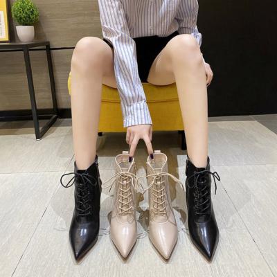 China Winter Anti-slippery Women's High Heels Shoes Elegant Luxury Headed Lace Up Ankle Ladies Leather Boots for sale