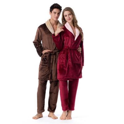 China Winter Breathable Coral Fleece Flannel His and Hers Unisex Thick Bathrobes Pajama Set for sale