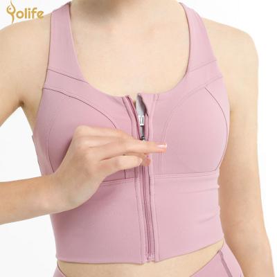 China Yolife Logo Woman Sports Bra Breathable Custom Zipper Quick Dry Front Support Push Up Seamless Halter Yoga Bra For Women for sale