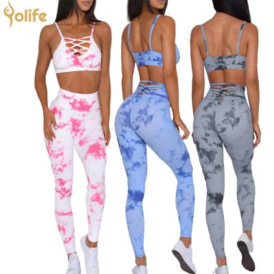 China Breathable Yolife 2022 Summer New Arrival Gym Clothing Fitness Wear High Quality Tie Dye Crisscross 2 Piece Seamless Yoga Set for sale