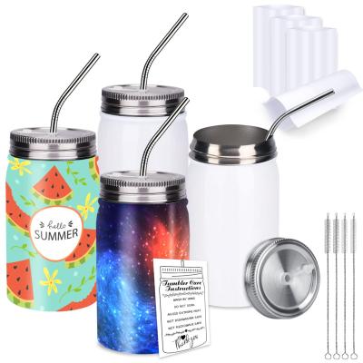 China Sustainable 17 oz/ 500 ml White Wide Mouth Stainless Steel Cups Tumbler with Screw-top Lids and Straws Sublimation Blank Jar Tumblers for sale