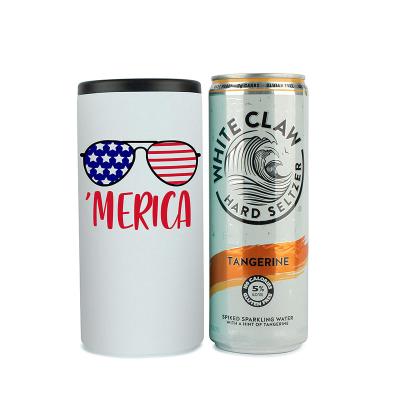 China 12 oz Sublimation Stainless Steel Cola Soda Beer Viable Upright Slim Skinny Can Cooler Blanks With Double Lids for sale