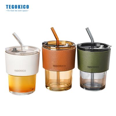 China TE Custom Glass Coffee Mug Modern With Double Use Lid And Straw 400ml Bubble Tea Milk Water Cup Glass Drinking Glasses With Cup Case for sale