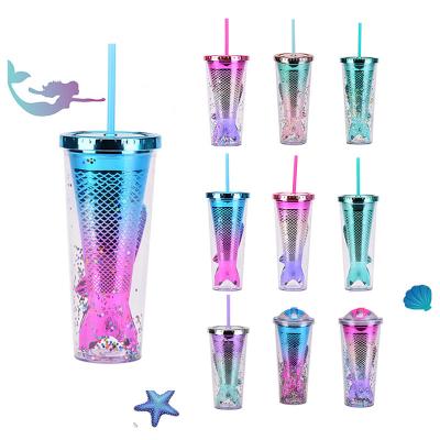 China Custom Viable Double Wall Gradient Plastic Mermaid Tail Tumbler Water Cup With Straw for sale