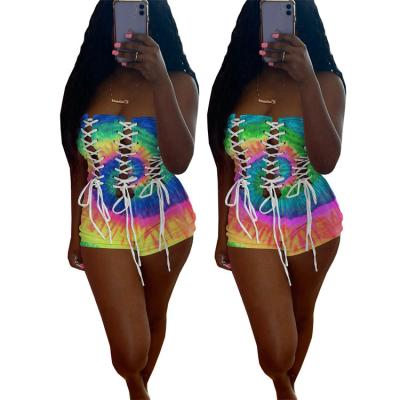 China Breathable Tie Dye Black Hole Lace Hollow Out Strapless Playsuit For Women Beach Bodycon Overall Sexy Romper 2022 Summer for sale