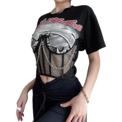 China CIA Breathable Punk Letter Printing Mesh Crop Top Metal Chain Fashion Breathable Corset T-shirt Women for sale