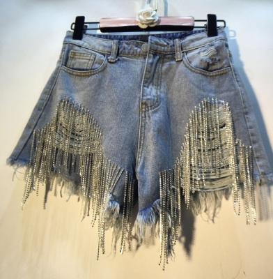 China S-3XL Streetwear Fashionable Casual Rhinestone High Waist Pants Beaded Sequin Blingbling Slim Booty Fringed Denim Ripped Ladies Jeans Shorts for sale