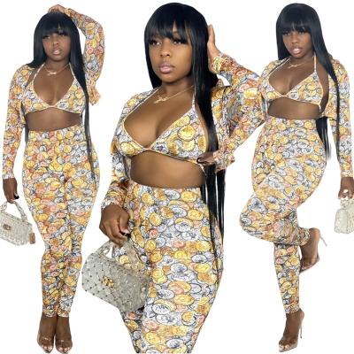 China Breathable Breathable Hot Printing Top Shirts And Bra Pants Sets Sexy Street Wear Culture Jogger Set 3 Piece Costume Designs Halter Sets for sale