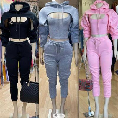 China New Women Breathable Fleece Set Solid Color 3 Piece Crop Hoodie Vest And Top Pants Suit Autumn Joggers Custom Set for sale