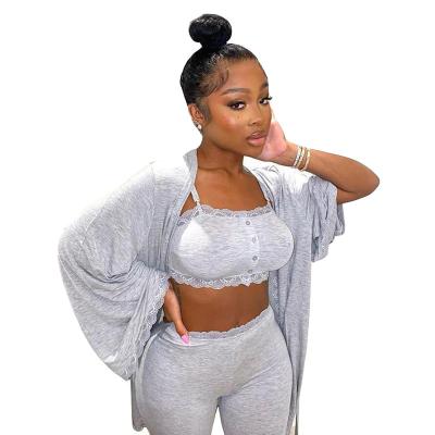 China 2021New casual fashionable breathable pajamas pants set three-piece set sheer lace pants casual women's clothing color three-piece pajamas for sale