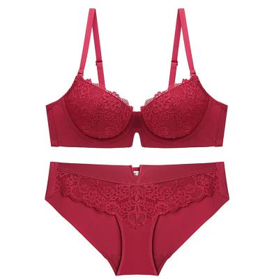 China Two Pieces Sexy Red Elegant Quality QUICK DRY Women Customs Services Luxury Floral Lace Up Bra Lingerie Set for sale