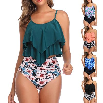 China Fashion QUICK DRY Flower Printed Two Piece Swimsuit Swimwear Women Beach Wear Swimwear Top Size for sale